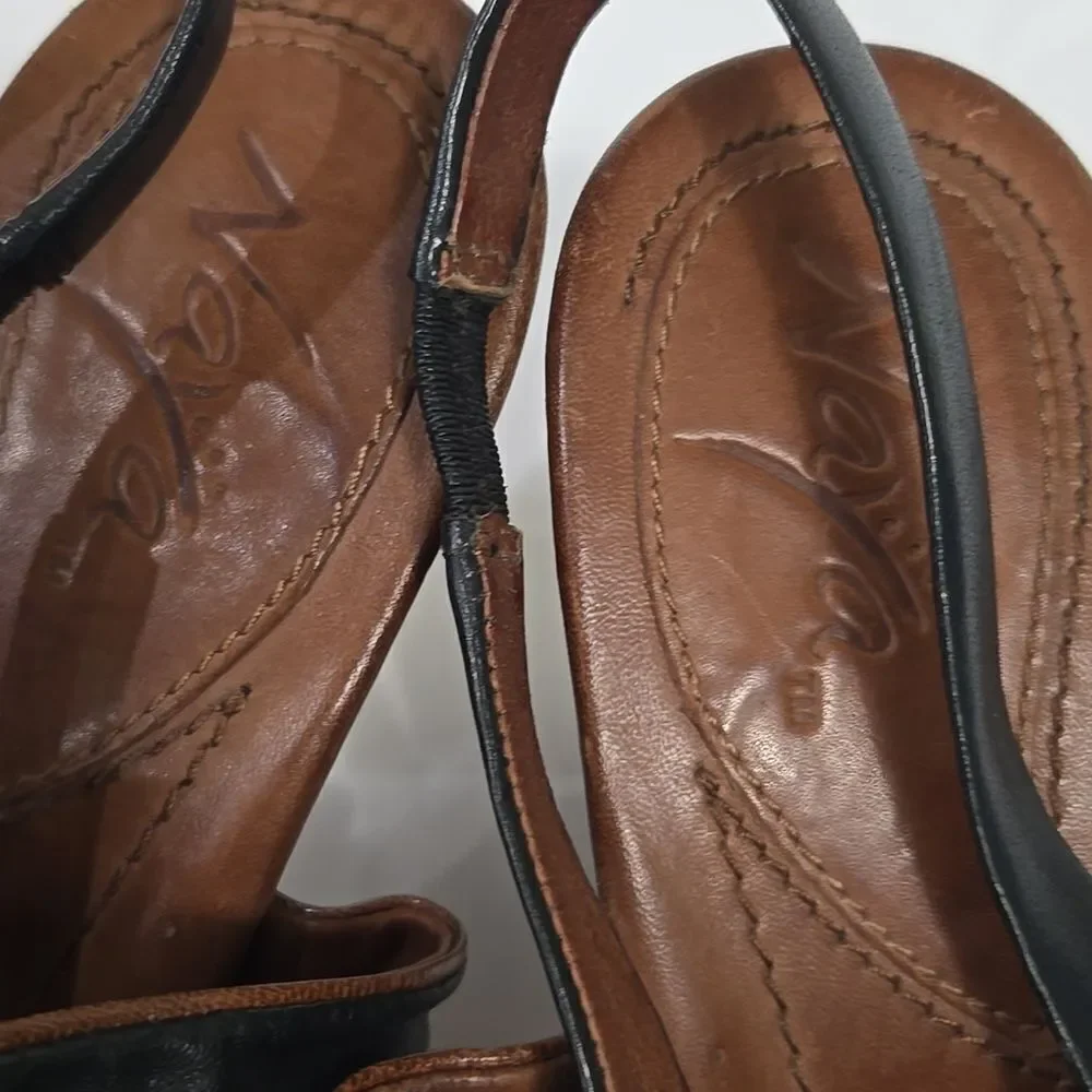 Naya Alamosa Black Leather Sling Back Sandals Block Heel Sz 9.5 Buckle Strappy‎